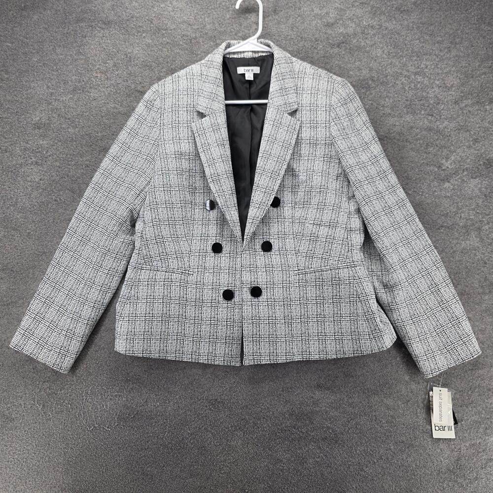 Bar III Blazer Womens L White Plaid Tweed Notch Lapel Six-Button Lined NWT